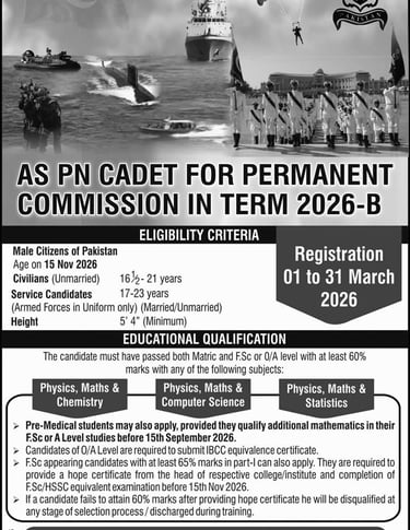 Join Pakistan Navy as PN Cadet 2026 March Online Registration 