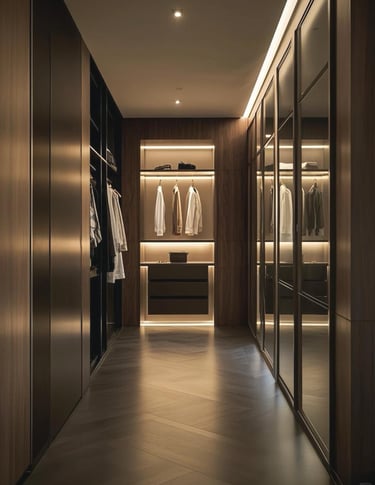 A dark modern wardrobe design with strong contrast, custom layouts, and built-in storage