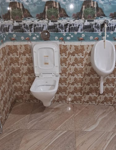 a bathroom with a toilet and urinals
