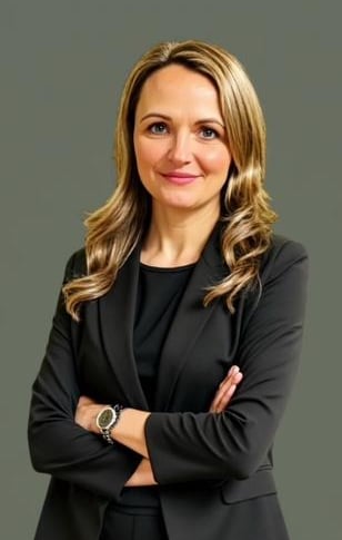 Eine blonde Frau im Businessanzug die, die Arme verschränkt