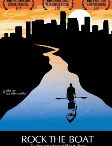 Rock the Boat poster with silhouetted kayaker on a river leading toward a city skyline.