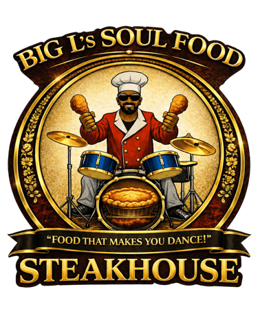Big L's Soul Food Steakhouse logo featuring a chef playing drums with fried chicken drumsticks.