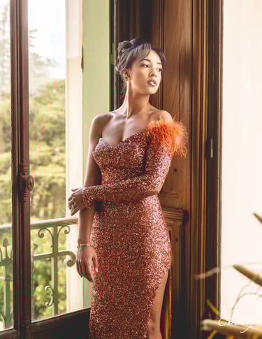 Photo d'une femme en robe de soirée à paillettes cuivre et plumes, posant près d'une fenêtre en bois