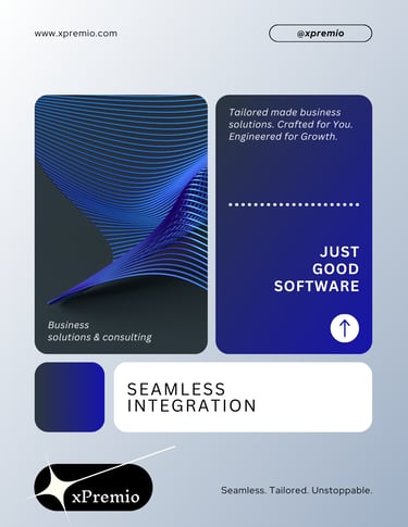 xPremio hero banner featuring abstract blue wave visualization, "Seamless Integration" headline, "Just Good Software" tagline