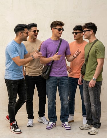 Five young men in colorful round neck t-shirts by Loev