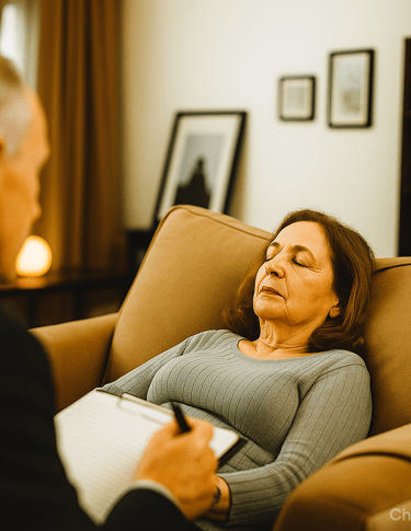 Mujer es guiada por terapeuta mientras está en sesión de regresión.