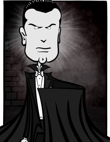 A stylized black-and-white cartoon of the 1931 Dracula stands ominously with glowing eyes.