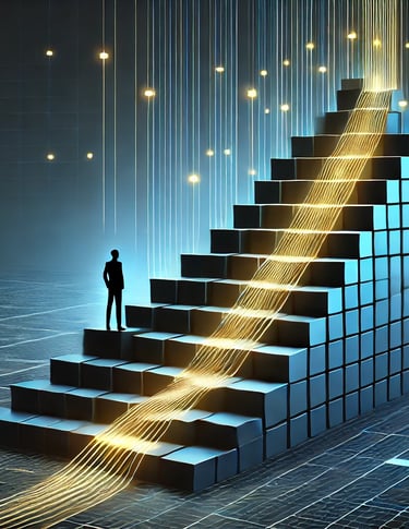 A representation of a focused self-driven mindset: a man on a staircase with upward glowing lines 