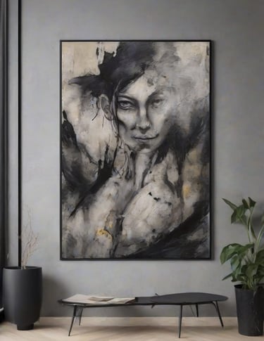 Quadro personalizado de rosto de figura em estilo pop-art com fundo abstrato.
