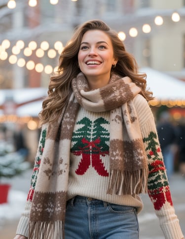 a woman walking down a street in a city