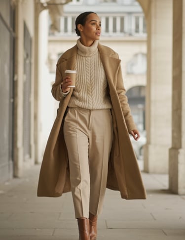 Close-up of quiet luxury winter accessories featuring a neutral cable-knit sweater texture