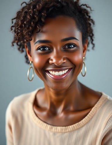 a smiling woman with curly hair and earrings