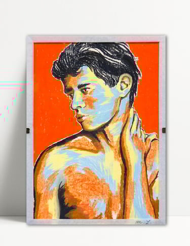 a painting of a man with a red shirt