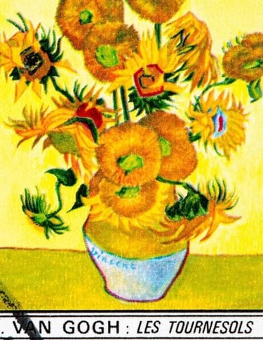Vincent van Gogh's Sunflowers oil painting in a vase on a yellow background.