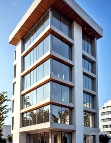 Edificio residencial contemporáneo de seis plantas con voladizos acabado madera