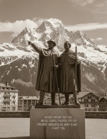 Historic statue of Balmat and Paccard in Chamonix center pointing towards the Mont Blanc summit.