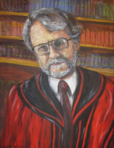 Portrait of Professor Phillip Murphy in academic robes; painted in acrylics with background reflecting wealth of learning