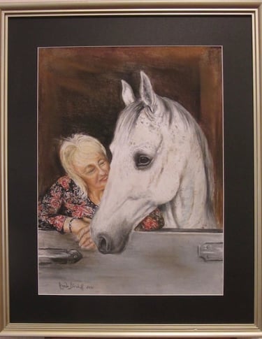Self-portrait of me with my grey horse, taken from my sister's photograph, drawn in soft pastel
