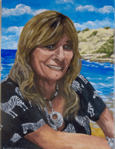 Commissioned portrait of a lady, taken from friend's photograph, painted in acrylics with background of her home in Spain
