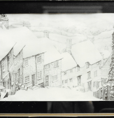 Pencil drawing of houses in Goldhill all under a blanket of snow. 