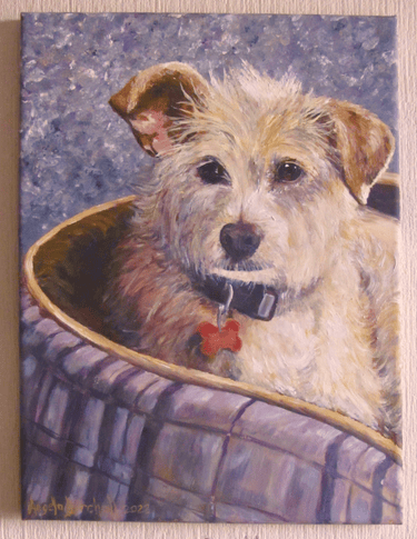 Commissioned portrait of dog in their favourite bed, taken from owner's photograph, painted in acrylics