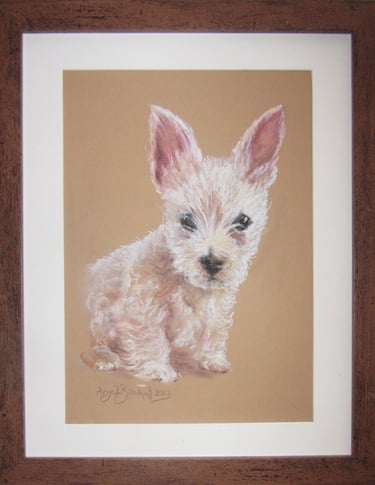 Soft pastel portrait of Ezra, an adorable three-month-old Westie puppy