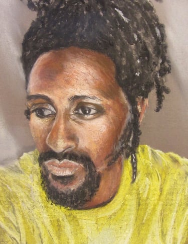 Portrait of a man, looking pensive and wistful, taken from a photograph, drawn in soft pastel