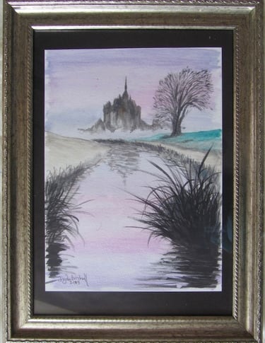 Sunrise in front of Mont Saint Michel in northern France. Painted in metallic watercolour 