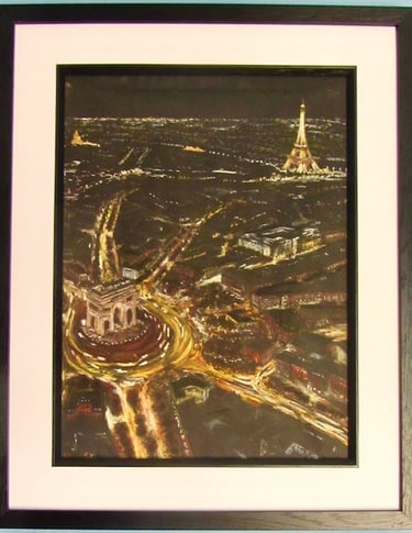 A dramatic aerial view of Paris at night with lights linking Arc De Triomphe and Eifel Tower.