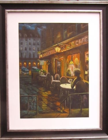 A lone figure holds a cup in her hand sat at a table outside an all-night cafe. Drawn in soft pastel on black paper. SOLD