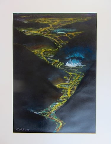 At night this valley in Italy lights up like a river of light. Drawn in soft pastel on black paper.