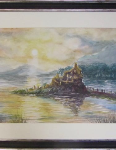 Watercolour painting of sunset over Scottish loch with ruins of castle in foreground