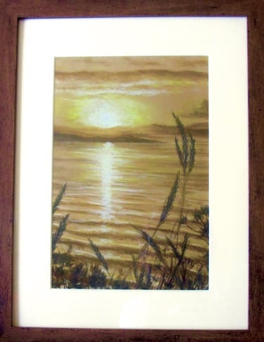Sunset over Shetland Isles. Fading rays of sunlight reflected in rippling waves. Soft pastel.