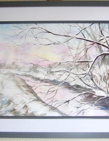 Pale sunrise colours reflected on snow and water; snow-laden tree branches cross river. Watercolours