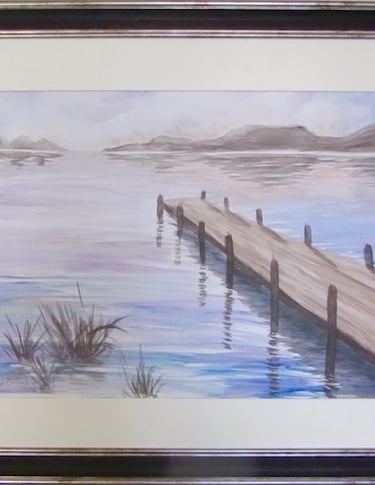 Pale pinks and purples of sunrise over lake with jetty; painted in watercolour