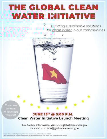 Flyer for The Global Clean Water Initiative with the Vietnamese flag in a glass of water.