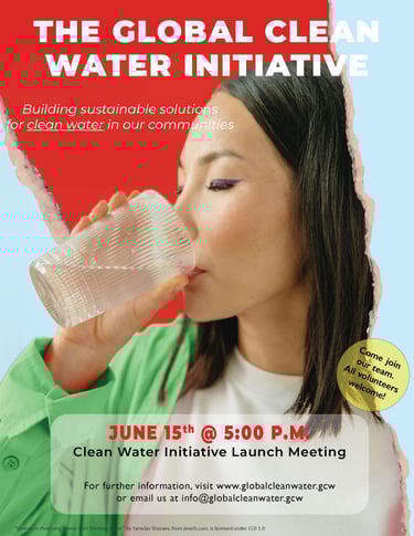 Flyer promoting The Global Clean Water Initiative" launch meeting, featuring a woman drinking water from a glass.