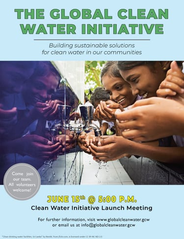 Flyer promoting The Global Clean Water Initiative launch meeting featuring children drink water from a communal tap.