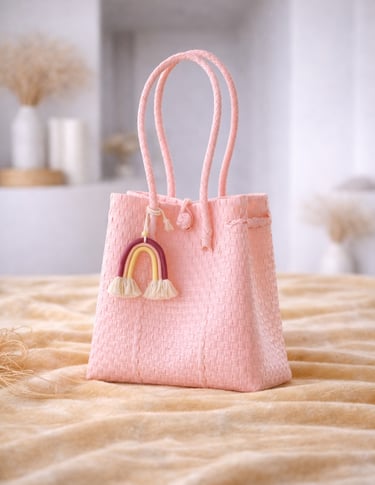 Handwoven peach pink plastic tote bag handmade from recycled materials by Indonesian artisans