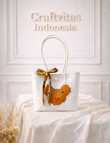 Handwoven plastic tote bag with white bear character, handmade from recycled plastic by Craftvitas Indonesia