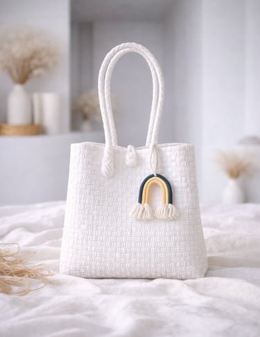 Handwoven white plastic tote bag handmade from recycled materials by Indonesian artisans