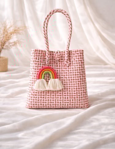 White red woven plastic tote bag handmade from recycled plastic by Craftvitas Indonesia
