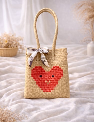 Handwoven cream plastic tote bag with heart character design, handmade eco friendly tote