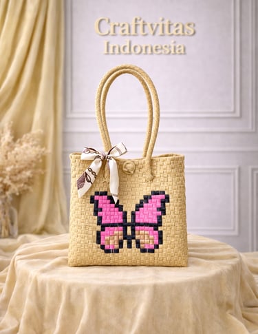 Cream handwoven plastic tote bag with butterfly character, handmade sustainable bag from Indonesia