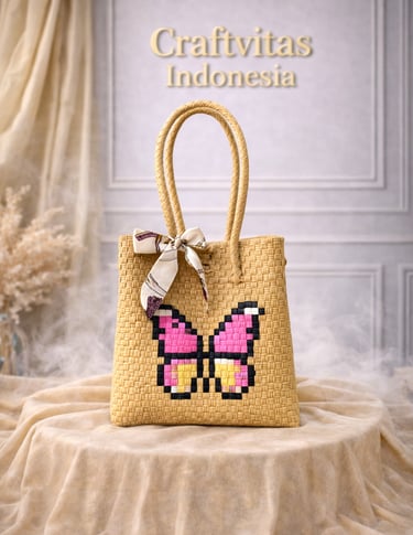 Handmade brown plastic woven tote bag with pink butterfly character, eco friendly women bag