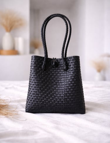 Handwoven black plastic tote bag handmade from recycled materials by Indonesian artisans