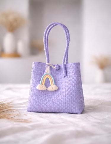 Handwoven lilac plastic tote bag handmade from recycled materials by Indonesian artisans
