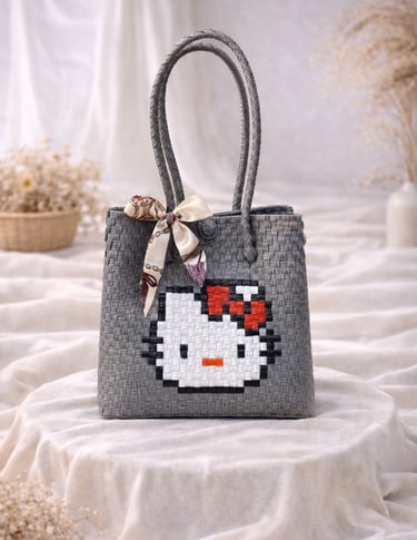Dark grey handmade plastic woven tote bag with cute cat character, sustainable handmade bag