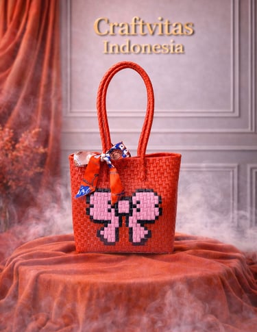 Red handwoven plastic tote bag with bow character design, handmade recycled plastic bag from Indonesia