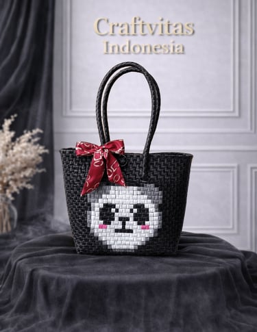 Cute black handwoven plastic tote bag with character pattern, handmade recycled plastic bag